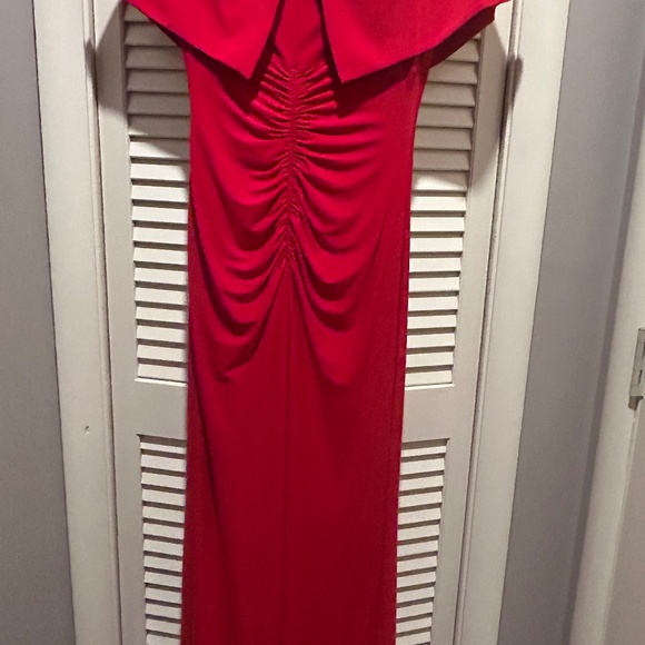 Xscape Long Over-The-Shoulder Dress With Long Slit in Red - Picture 6 of 10